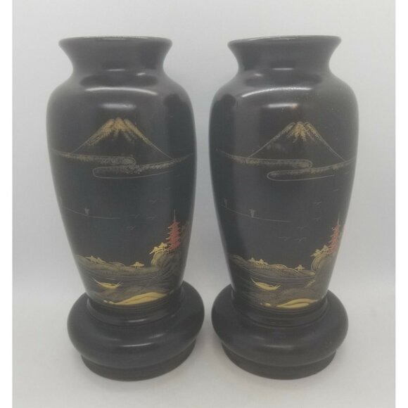 1950's Japanese Black Laquer Over Wood Vases Interior Liners Hand Painted Pair - Picture 2 of 12